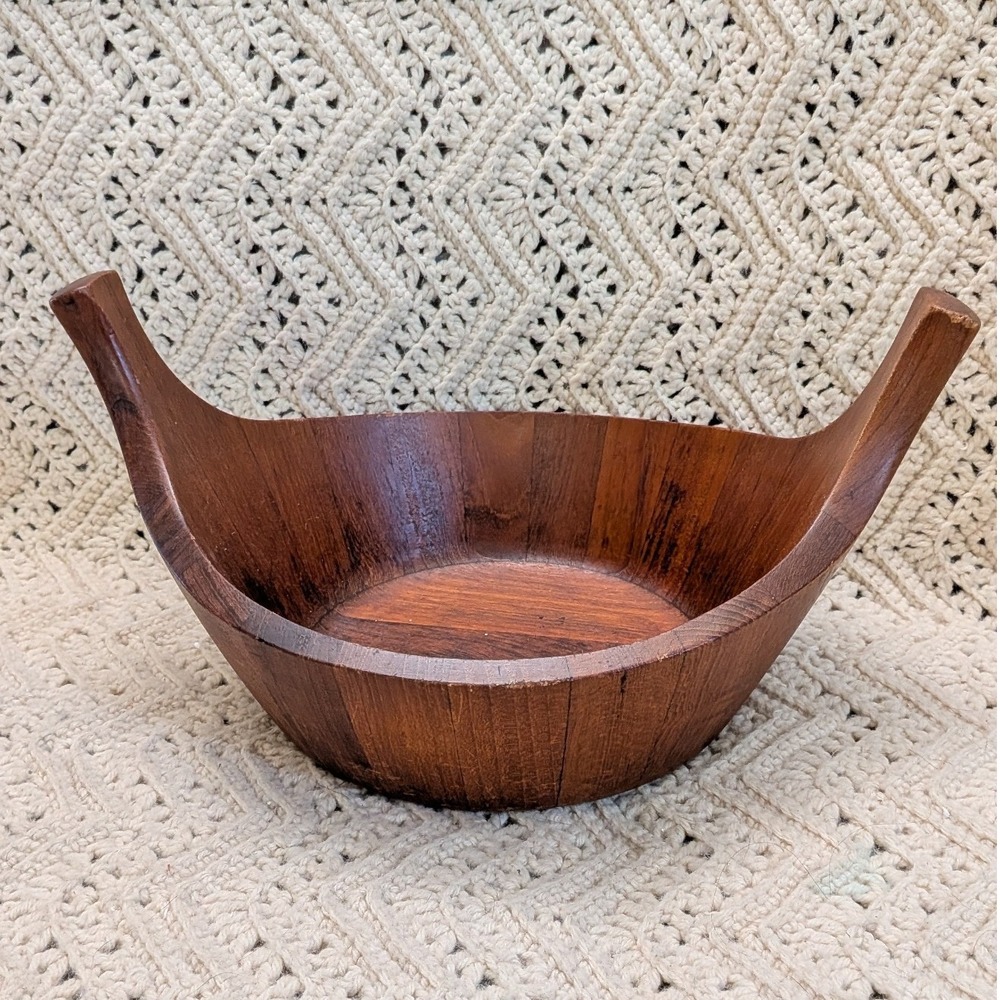 Danish Modern Staved Teak Serving Bowl 830 Mid Century Boat Shape Handled